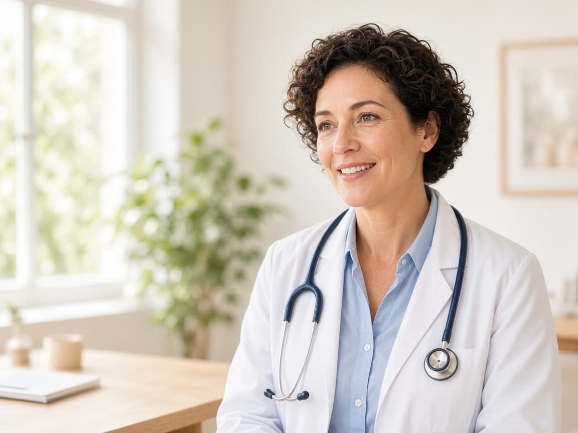 A physician smiling warmly in a bright consulting room