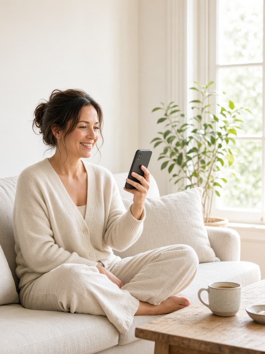 A woman on a video call with her clinician from her living room