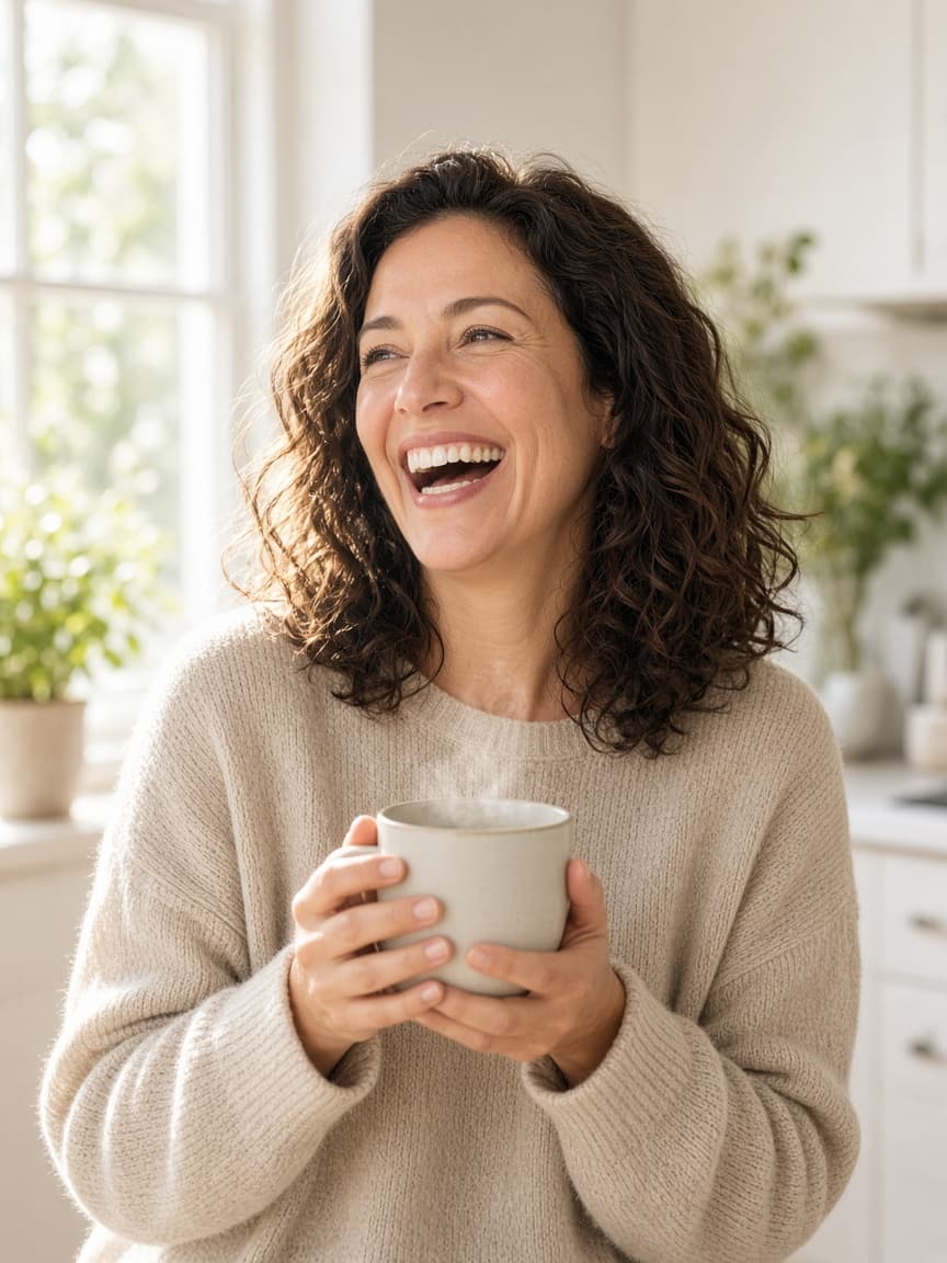 A woman laughing in a bright sunlit kitchen holding a mug of coffee