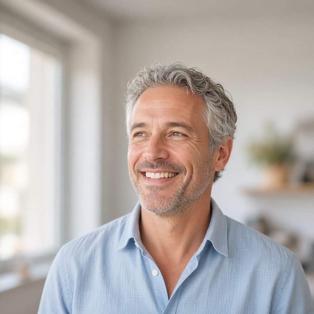 A man in his forties smiling in bright daylight