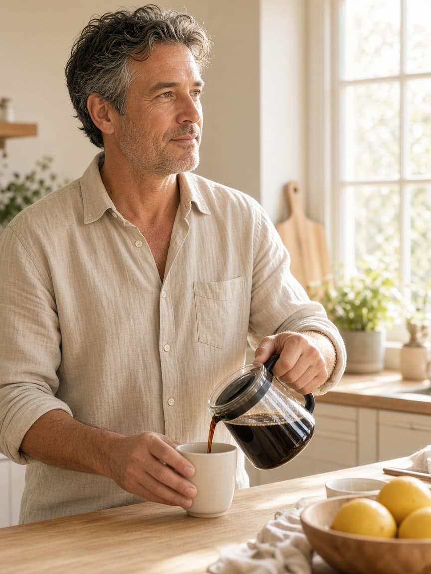 A man pouring coffee in a bright morning kitchen