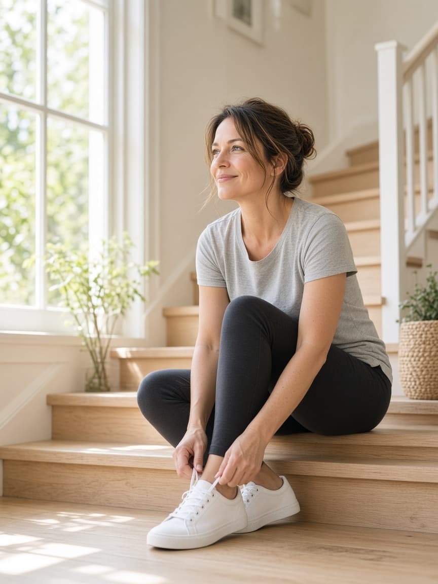 A woman lacing her shoes on a sunlit staircase